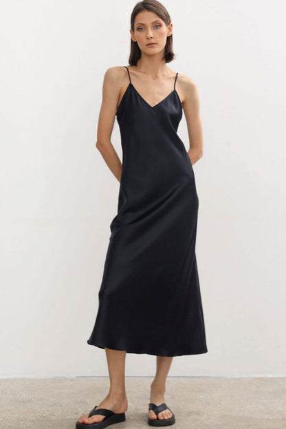 French Chic V Neck Spaghetti Strap Satin Slip Midi Dress - Black