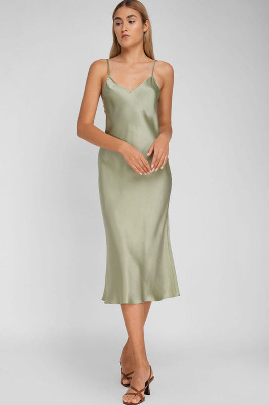 French Chic V Neck Spaghetti Strap Satin Slip Midi Dress - Light Green