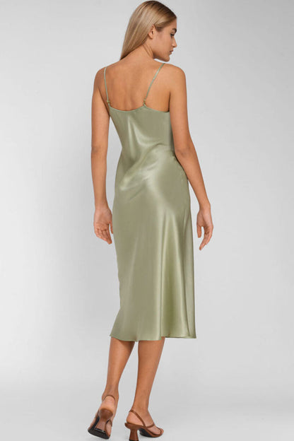 French Chic V Neck Spaghetti Strap Satin Slip Midi Dress - Light Green