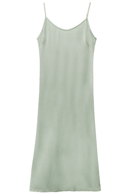 French Chic V Neck Spaghetti Strap Satin Slip Midi Dress - Light Green