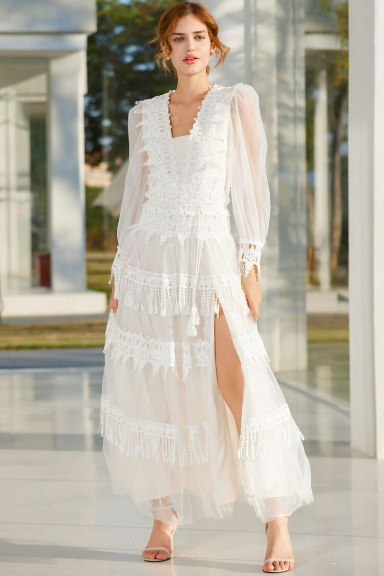 French Style Lace Neck Puff Sleeve Split Dotted Tulle Evening Maxi Dress - White