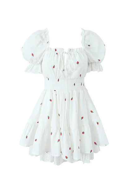 Girlish Strawberry Print Tie Neck Smock Waist Summer Lace Tiered Mini Dress