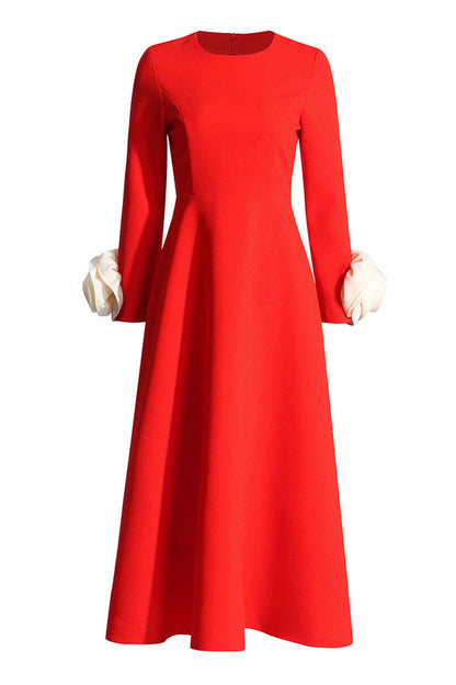 Glamorous Crew Neck Rosette Long Sleeve Flared Cocktail Party Midi Dress