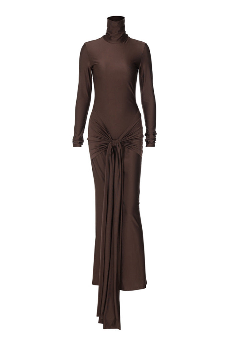 Glamorous Turtleneck Ruched Tie Front Draped Bodycon Formal Maxi Dress