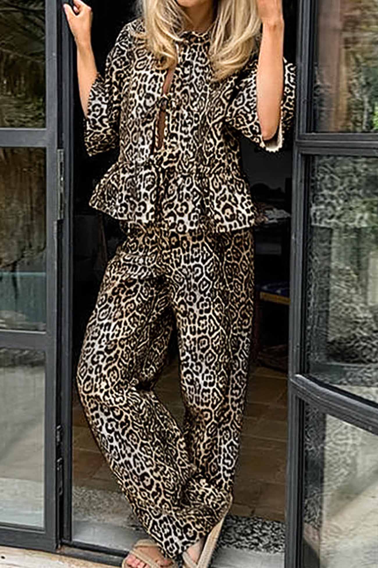 Leopard Printed Lace Up Long Pants Set