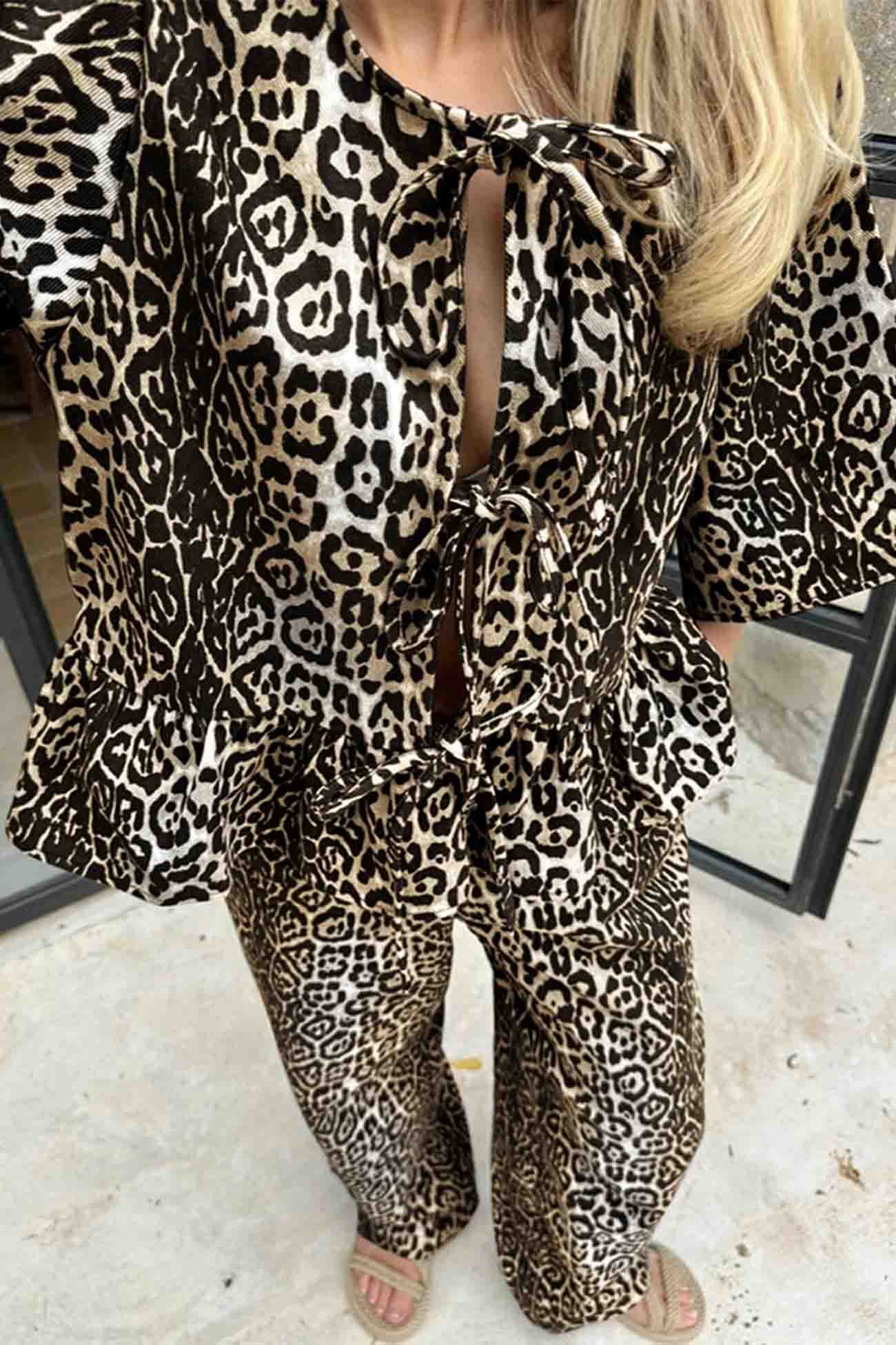 Leopard Printed Lace Up Long Pants Set