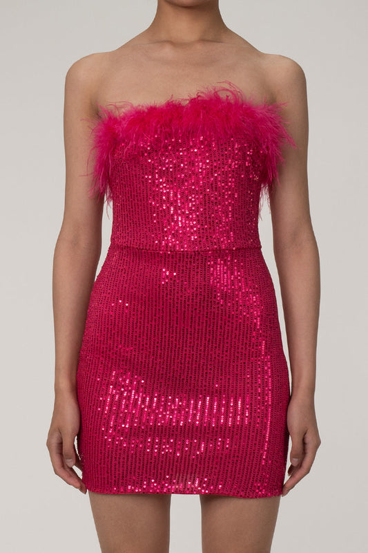 Luxurious Faux Feather Trim Strapless Bodycon Sequin Party Mini Dress