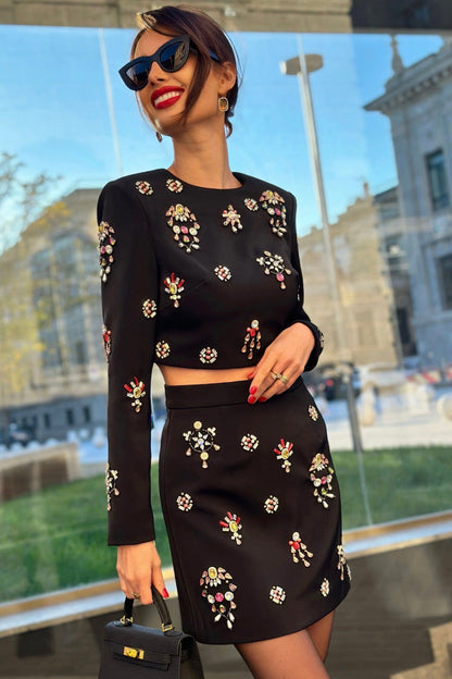 Luxury Diamante Floral Crew Neck Crop Top High Waist Two Piece Mini Dress