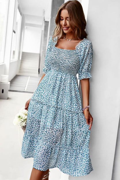 Prairie Off Shoulder Smocked Floral Printed Boho Chic Midi Dress - Teal