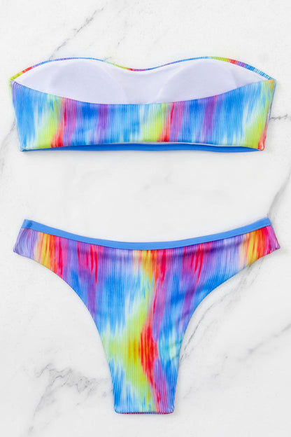 Rainbow Print Ribbed Knit Low Rise Cheeky Bandeau Bikini Two Piece Swimsuit