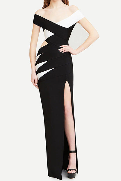 Refined Off Shoulder V Neck Cutout Bandage Bodycon Slit Formal Maxi Dress