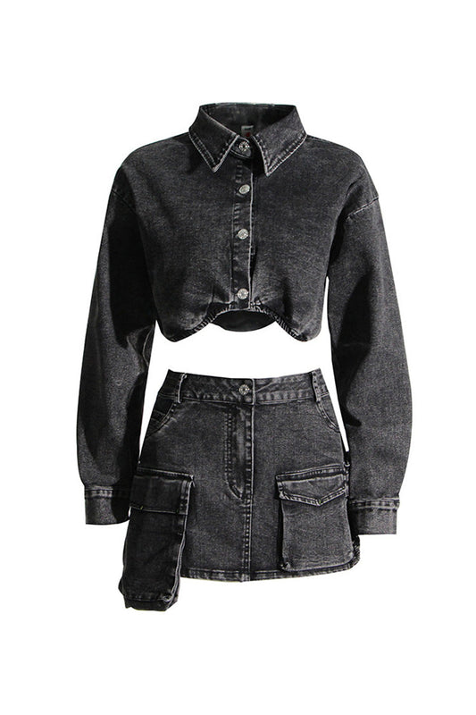 Retro Button Up Crop Jacket Cargo Pocket Two Piece Denim Micro Mini Dress