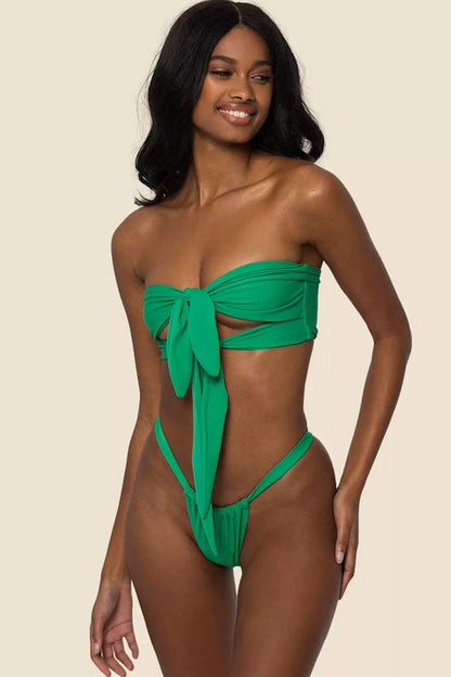 Retro High Cut Double Knotted Bandeau Bikini Two Piece Swimsuit