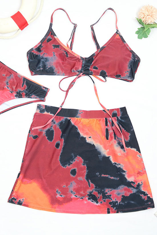 Retro Tie Dye Print Cinch Front Bralette Bikini Three Piece Swimsuit