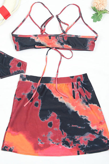 Retro Tie Dye Print Cinch Front Bralette Bikini Three Piece Swimsuit