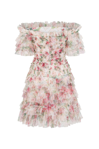 Romantic Floral Printed Off Shoulder Tulle Tiered Ruffle Party Mini Dress