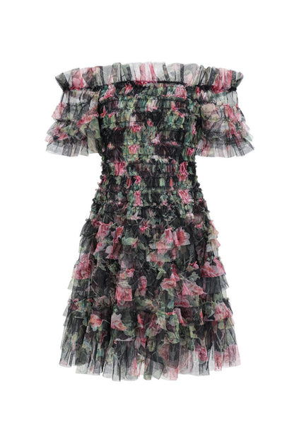 Romantic Floral Printed Off Shoulder Tulle Tiered Ruffle Party Mini Dress