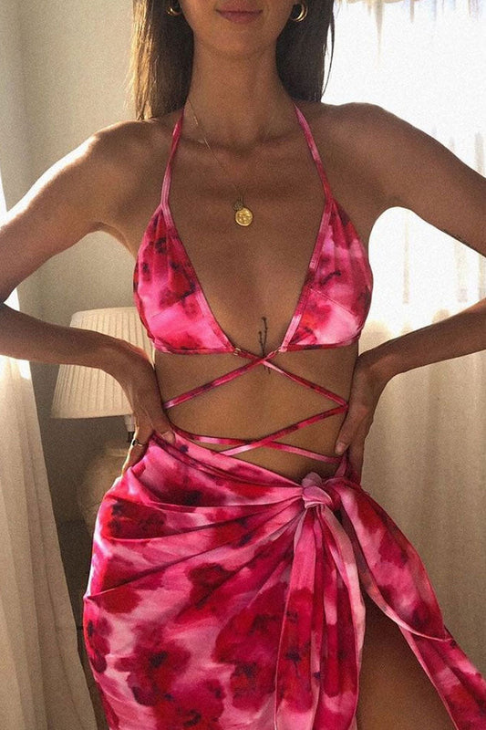 Romantic Tie Dye Strappy Triangle String Bikini Three Piece Swimsuit