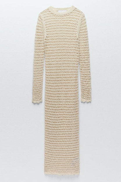 Scalloped Long Sleeve Crochet Knit High Neck Cover Up Dress