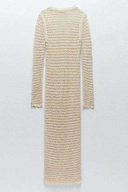 Scalloped Long Sleeve Crochet Knit High Neck Cover Up Dress