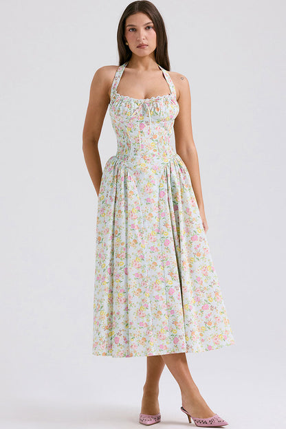 Sexy Bow Tie Halter Neck Pocket Smocked Summer Floral Midi Sundress - Green