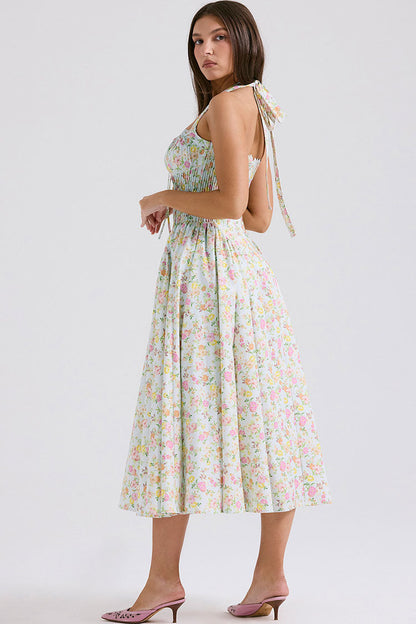 Sexy Bow Tie Halter Neck Pocket Smocked Summer Floral Midi Sundress - Green