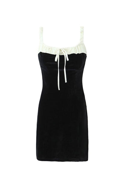 Sexy Bow Tie Suspender Strap Contrast Velvet Bodycon Party Mini Dress