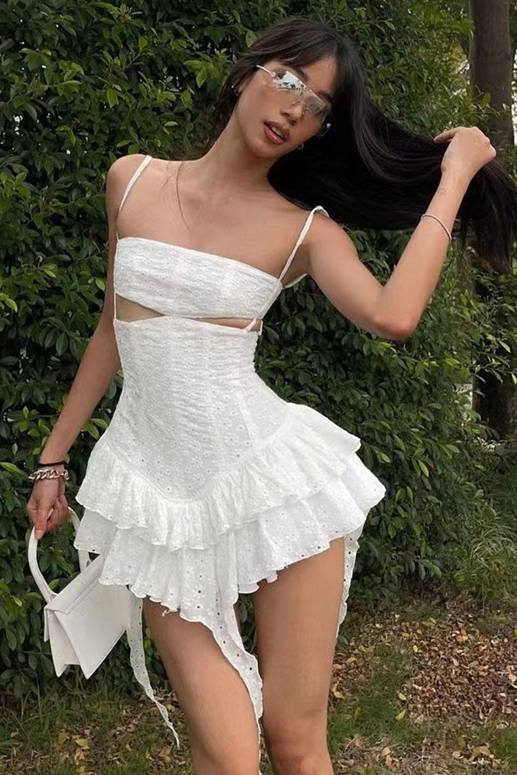 Sexy Cut Out Drop Waist Broderie Anglaise Tiered Ruffle Micro Sundress