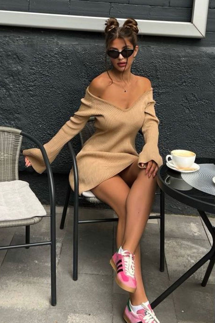 Sexy Deep V Neck Long Sleeve A Line Ribbed Knit Winter Party Mini Dress - Khaki