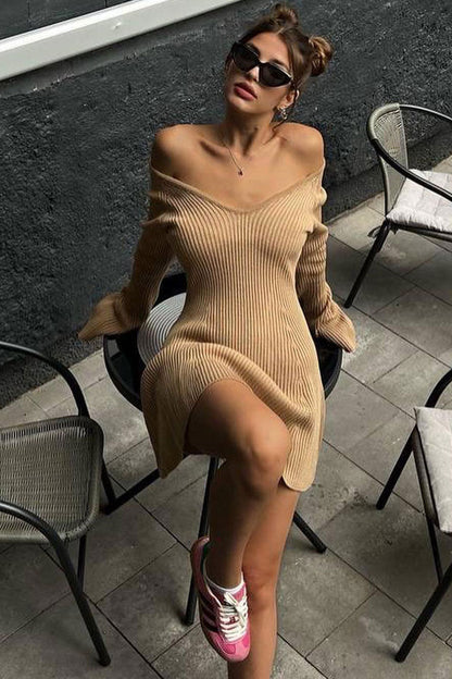 Sexy Deep V Neck Long Sleeve A Line Ribbed Knit Winter Party Mini Dress - Khaki