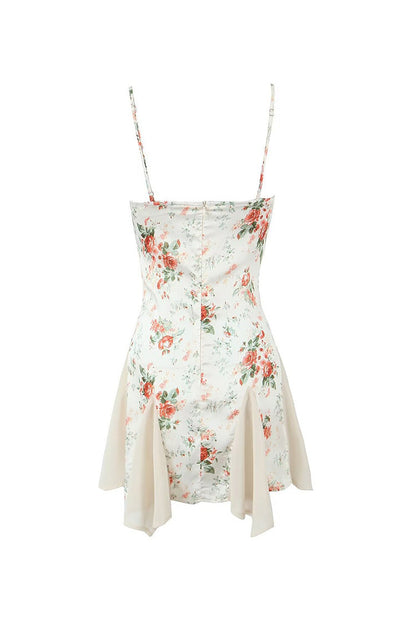 Sexy Floral Print Spaghetti Strap Lace Sweetheart Satin Godet Mini Sundress