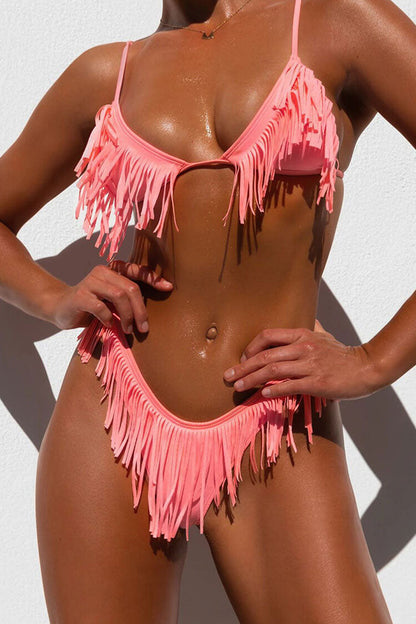 Sexy Fringe High Cut Triangle Thong Bikini Two Piece Swimsuit