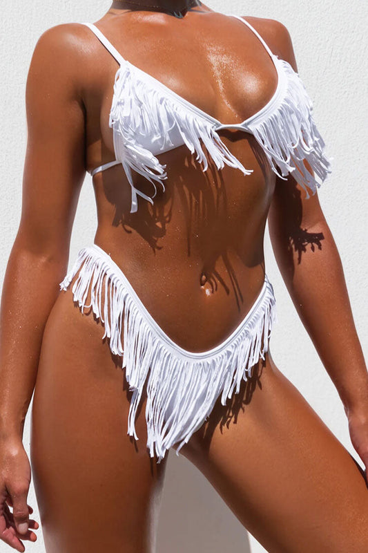 Sexy Fringe High Cut Triangle Thong Bikini Two Piece Swimsuit