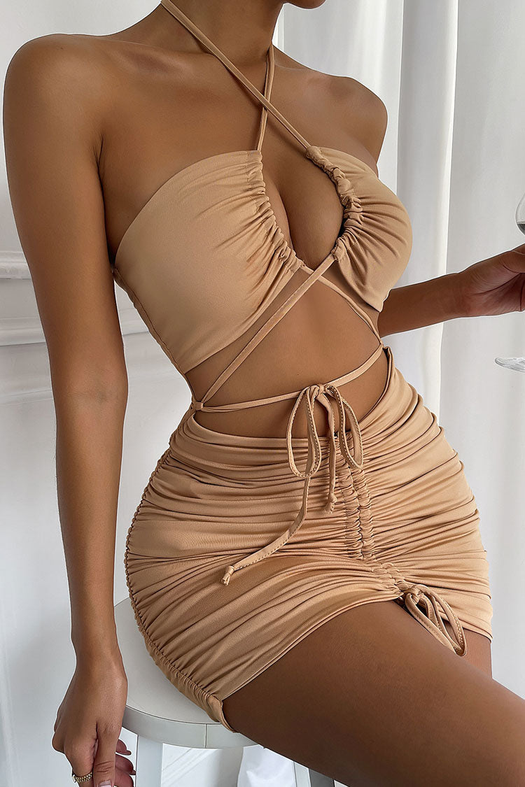 Sexy Halter Neck Cutout Drawstring Tie Ruched Bodycon Party Mini Dress - Khaki