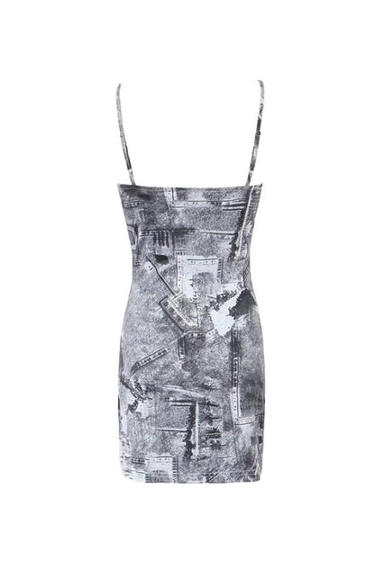 Sexy Newspaper Print Square Neck Bodycon Summer Slip Mini Sundress