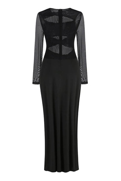 Sexy Sheer Mesh Bow Knot Cutout High Slit Long Sleeve Evening Maxi Dress