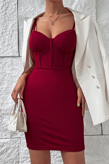 Sexy Sweetheart Neck Bodycon Mesh Corset Cocktail Party Mini Dress - Burgundy