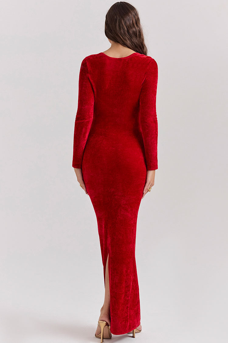 Sexy Sweetheart Neck Long Sleeve Velvet Bodycon Maxi Evening Dress - Red