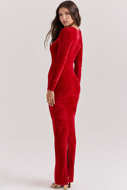 Sexy Sweetheart Neck Long Sleeve Velvet Bodycon Maxi Evening Dress - Red