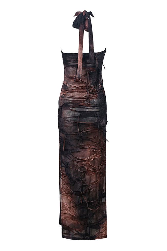 Sexy Tie Dye Printed Distressed Fringe Split Bodycon Halter Maxi Dress