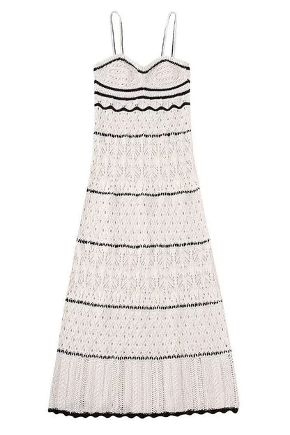 Sexy V Neck Cami Bicolor Striped Crochet Knit Midi Beach Vacation Dress - White