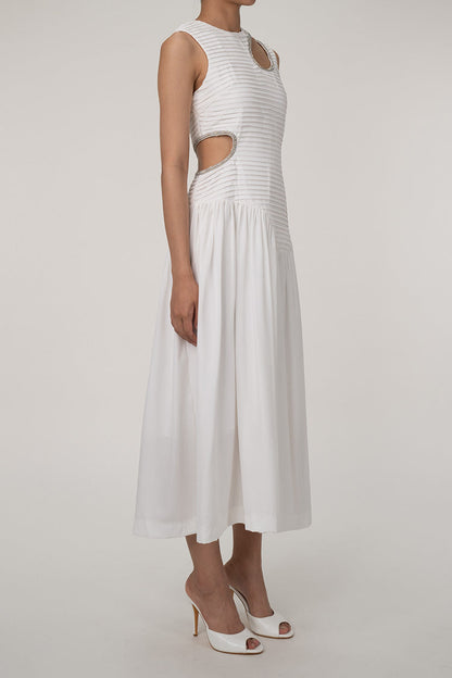 Sparkly Crystal Cut Out Drop Waist Sleeveless Pleated Cocktail Midi Dress