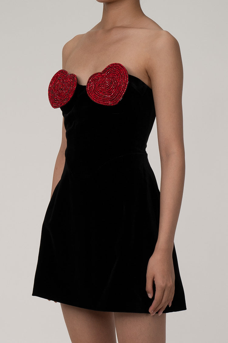 Sparkly Crystal Heart Shaped Bandeau High Waist Velvet Party Mini Dress