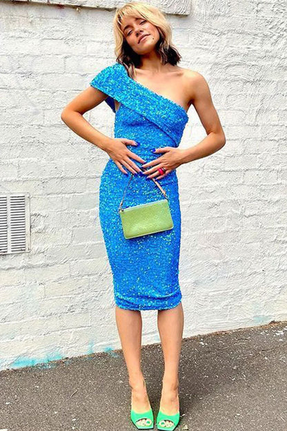 Sparkly One Shoulder Bodycon Velvet Sequin Midi Dress - Blue