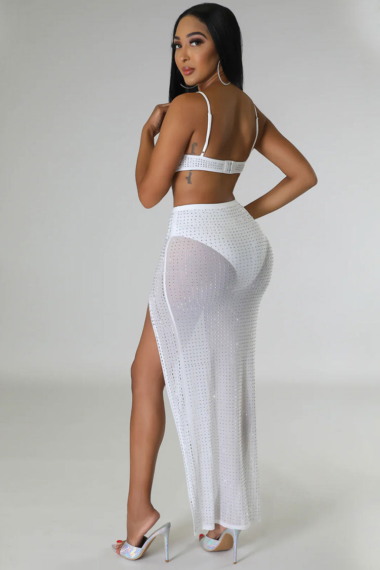 Sparkly Rhinestone Bra High Waist Split Mesh Maxi Two Piece Dress - White