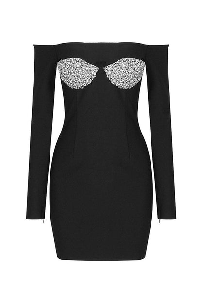 Sparkly Rhinestone Bra Off Shoulder Long Sleeve Bodycon Bandage Party Mini Dress