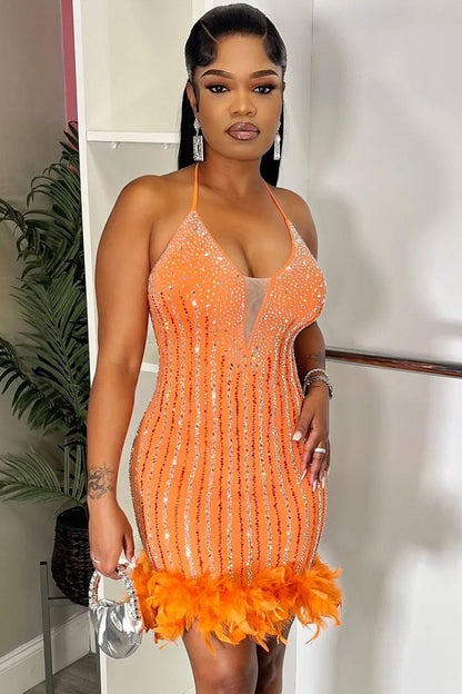 Sparkly Rhinestone Halter Neck Bodycon Feather Trim Party Mini Dress - Orange