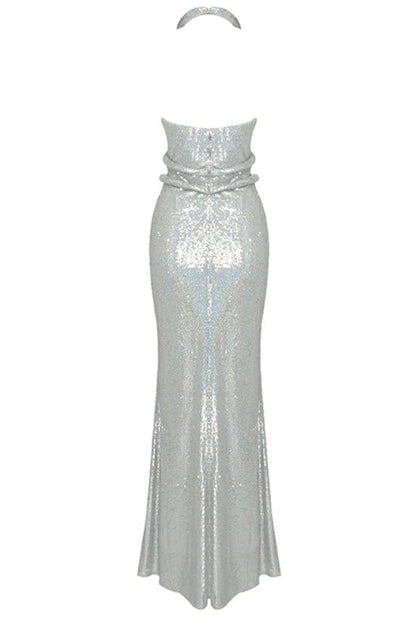 Sparkly Rhinestone Plunge Snake Halter Neck Sequin Maxi Dress - Silver