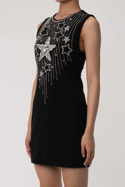 Sparkly Rhinestone Star embroidered Sleeveless Bodycon Party Mini Dress