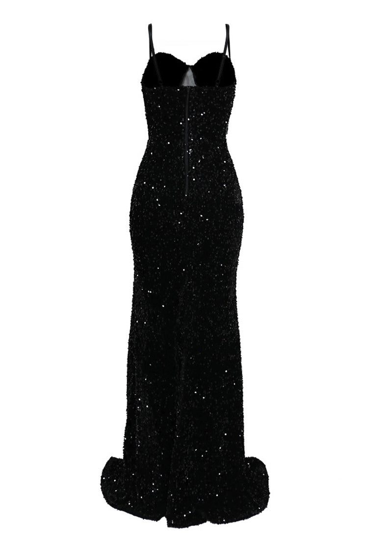 Sparkly Sequin Bustier Crystal Tassel Mesh Panel Split Evening Maxi Dress